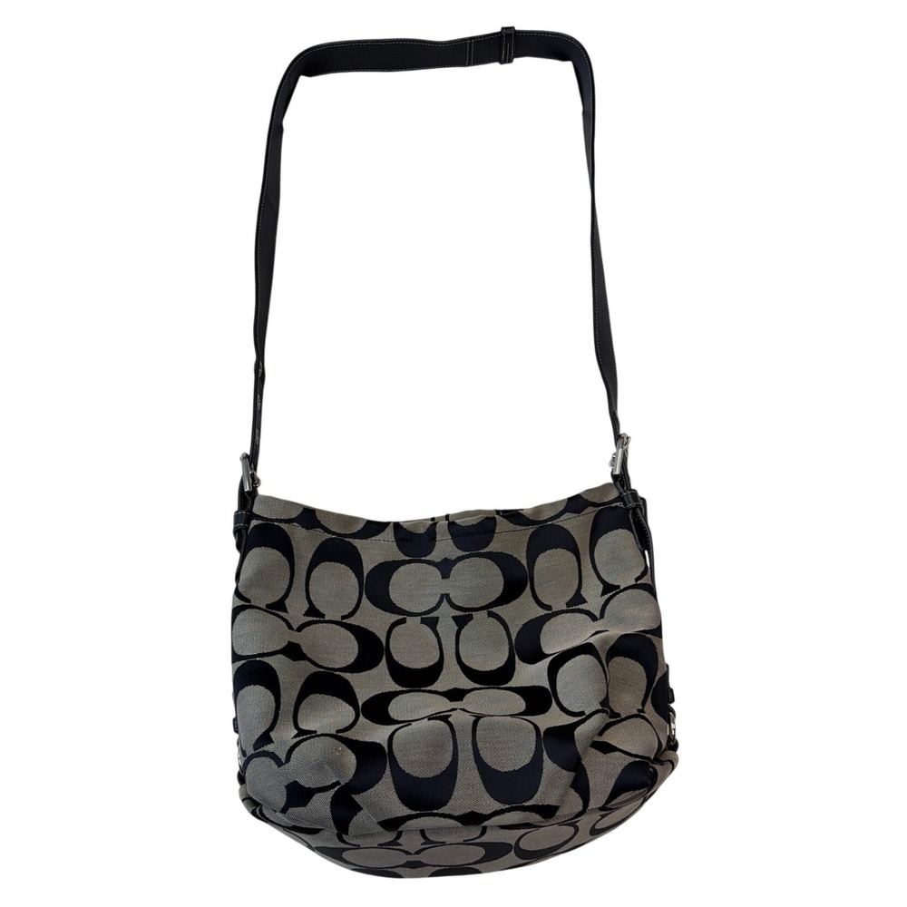 Coach Signature Jacquard Hobo Crossbody Bag Black Gray Monogram Canvas